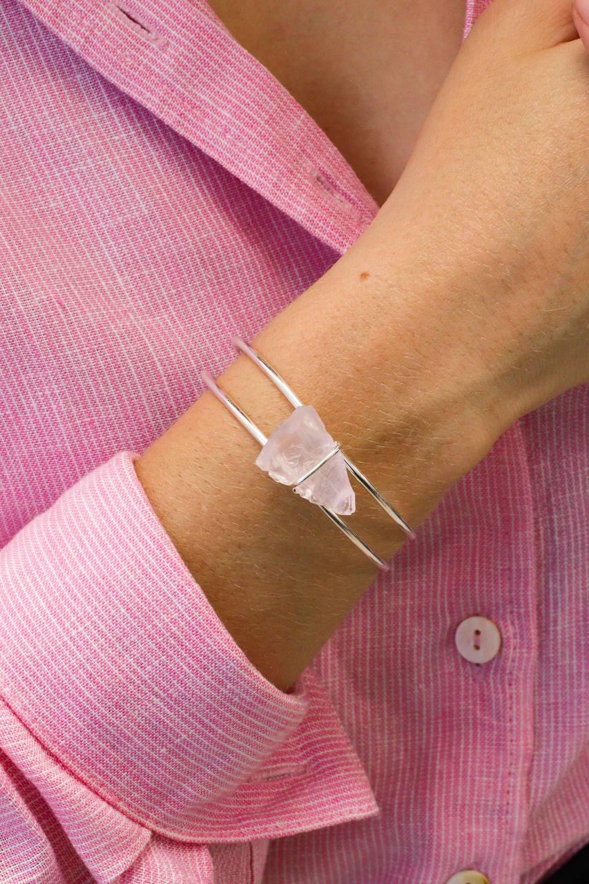 Bracelete Quartzo Rosa Laços Banho Prata