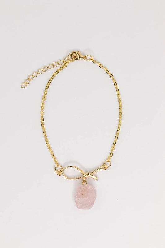 Pulseira Quartzo Rosa Laços Banho Ouro