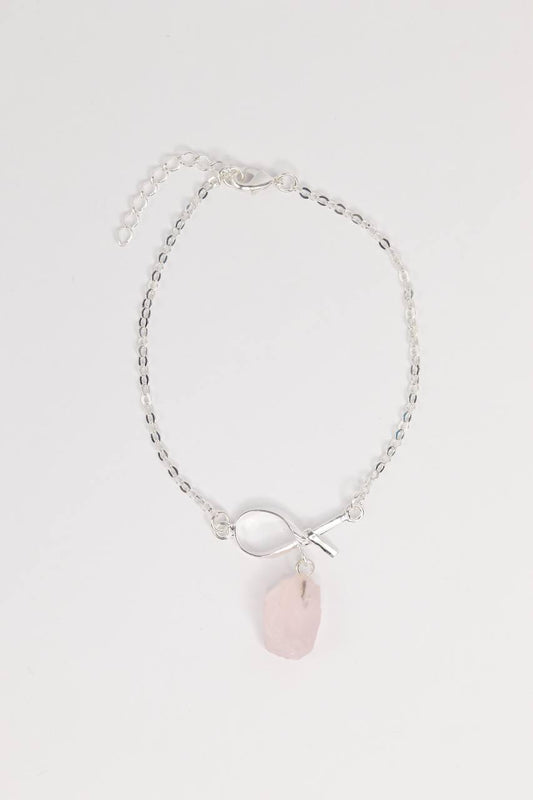 Pulseira Quartzo Rosa Laços Banho Prata