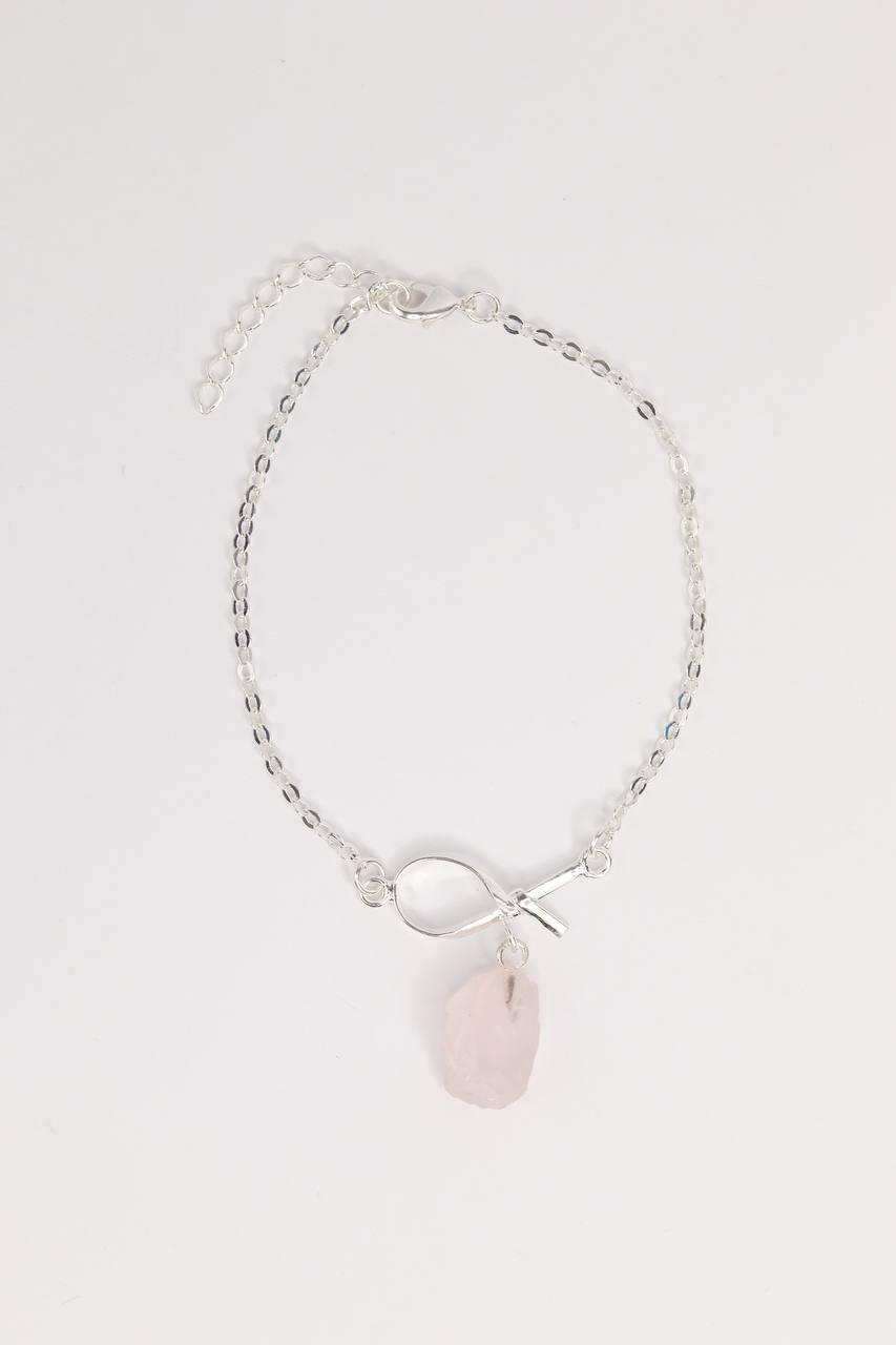 Pulseira Quartzo Rosa Laços Banho Prata