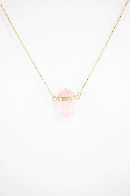 Colar Quartzo Rosa Ponta Biterminada Banhado Ouro