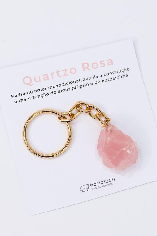 Chaveiro Quartzo Rosa Bruto Extra Dourado
