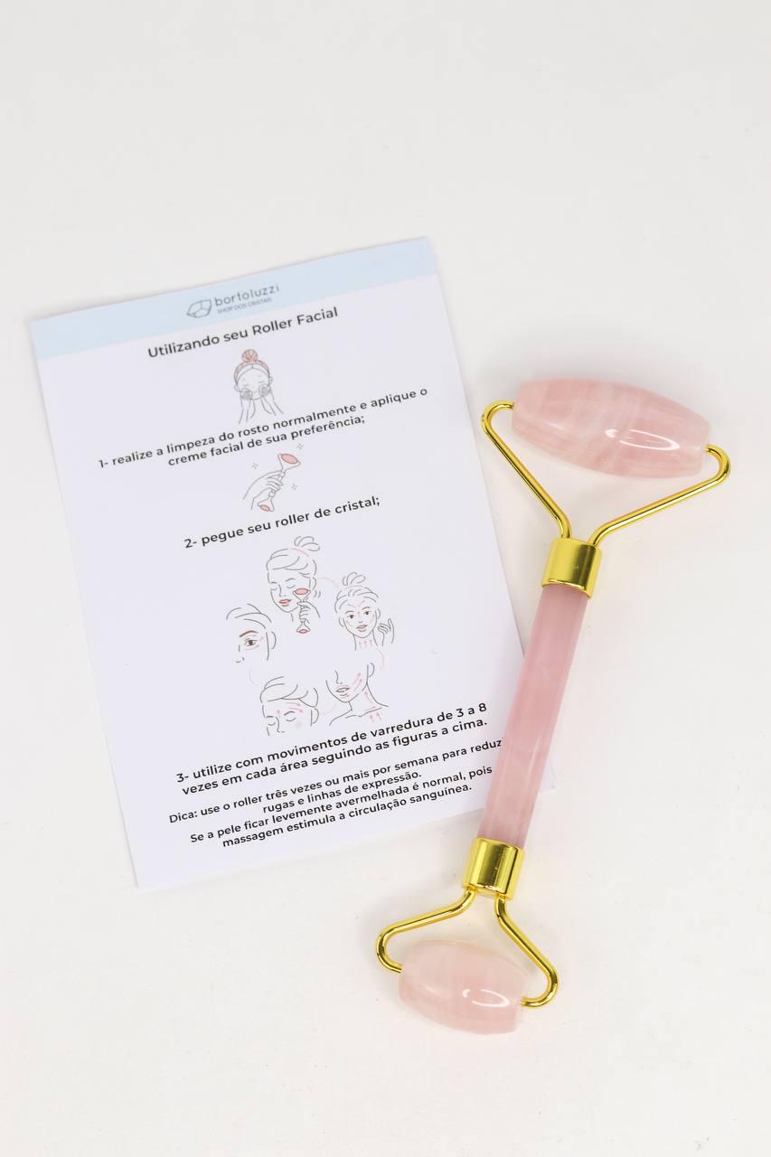 Roller facial Quartzo rosa banho ouro