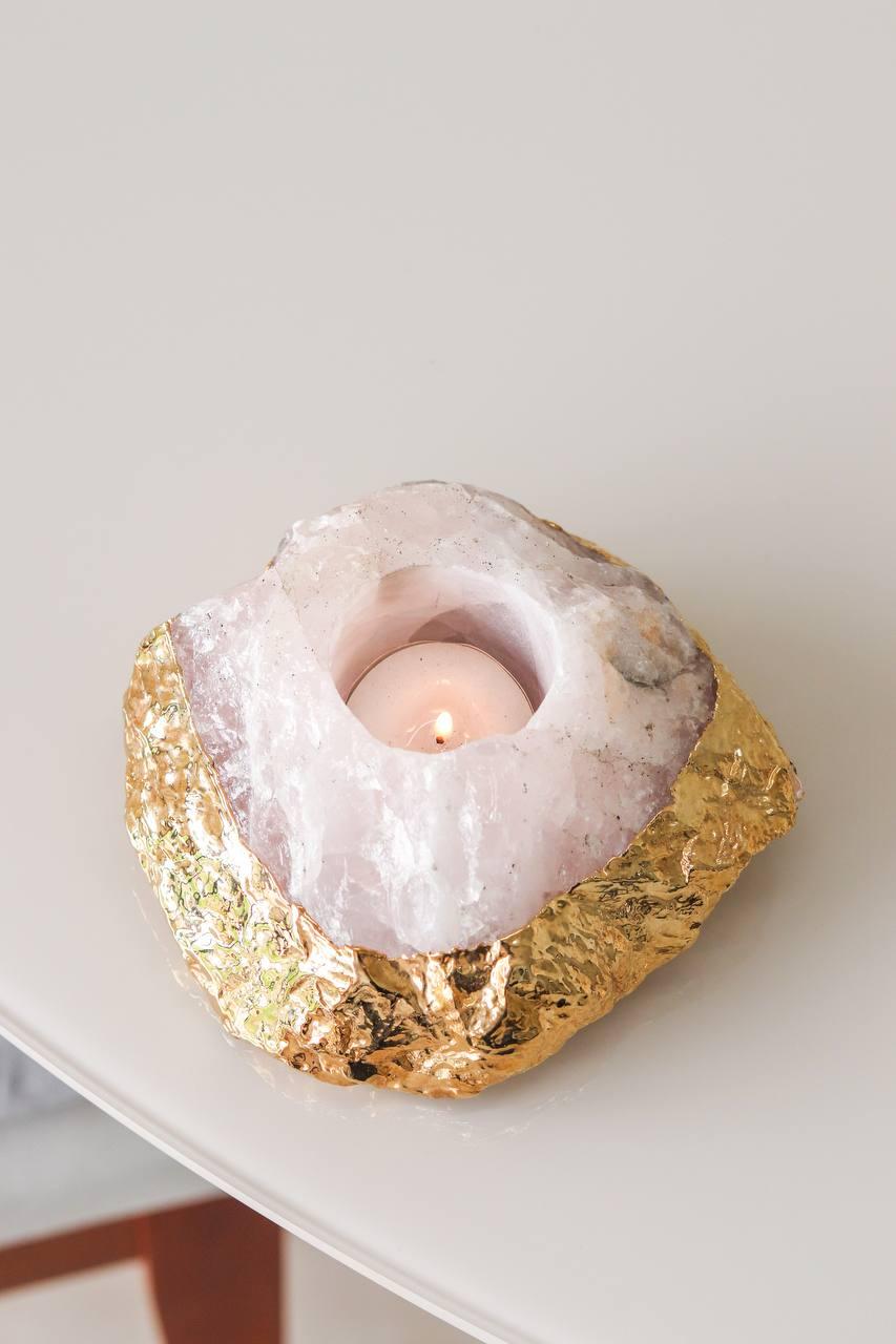 Porta Vela Quartzo Rosa com Banho Ouro