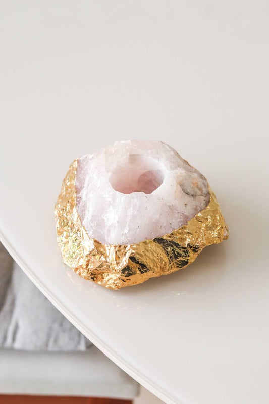 Porta Vela Quartzo Rosa com Banho Ouro