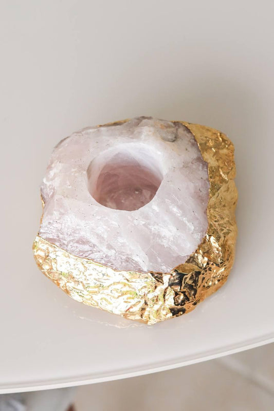 Porta Vela Quartzo Rosa com Banho Ouro