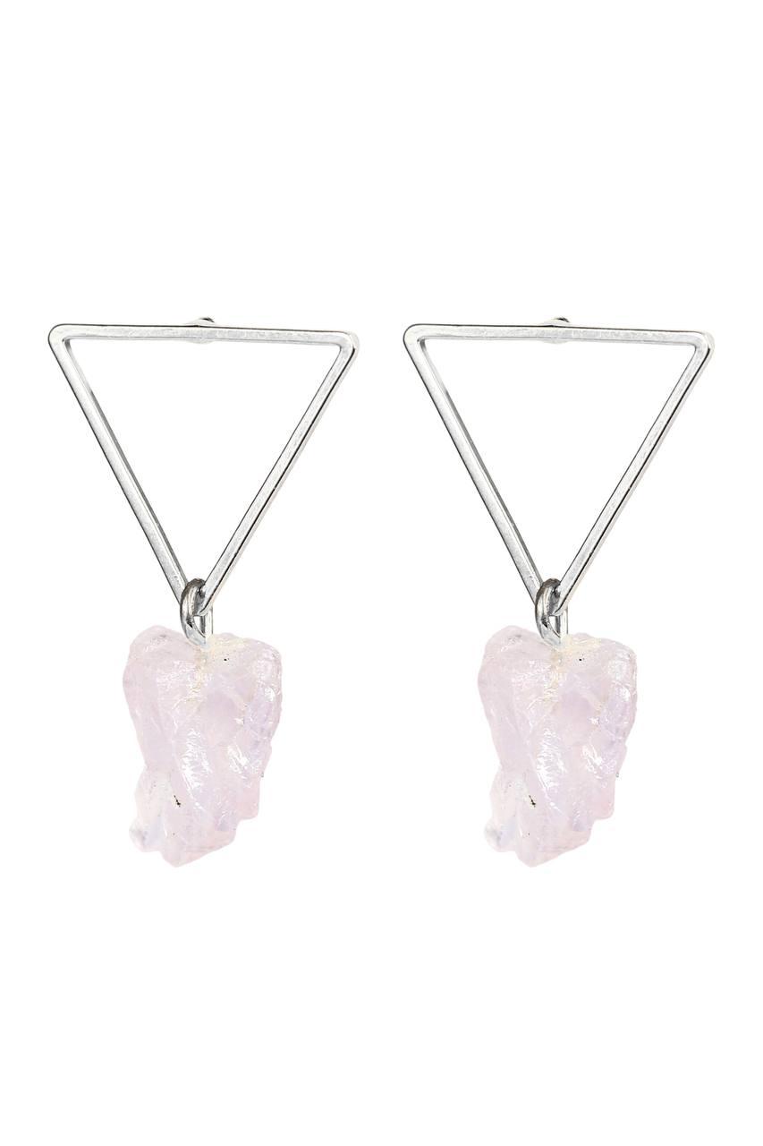 Brinco Pedra Quartzo Rosa Bruta com Triângulo Banho Prata