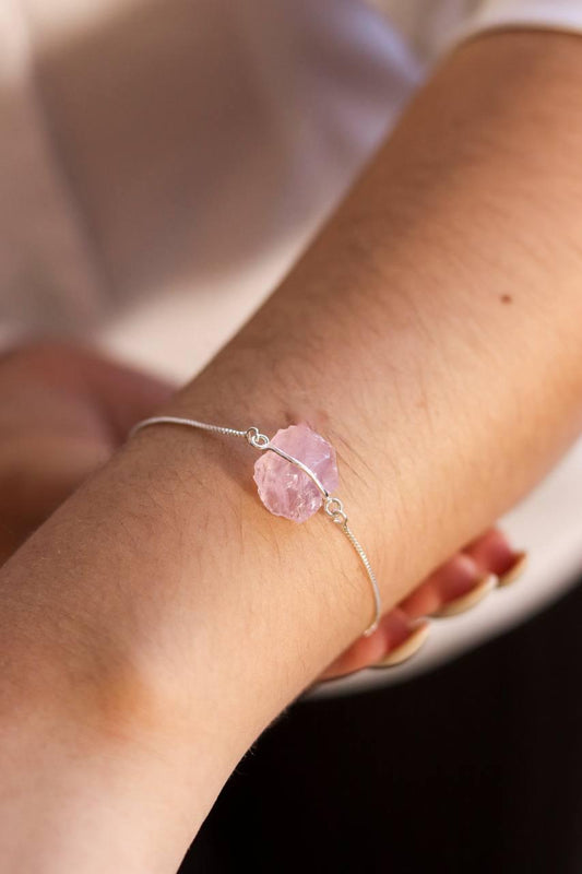 Pulseira Quartzo Rosa Abraço Banho Prata