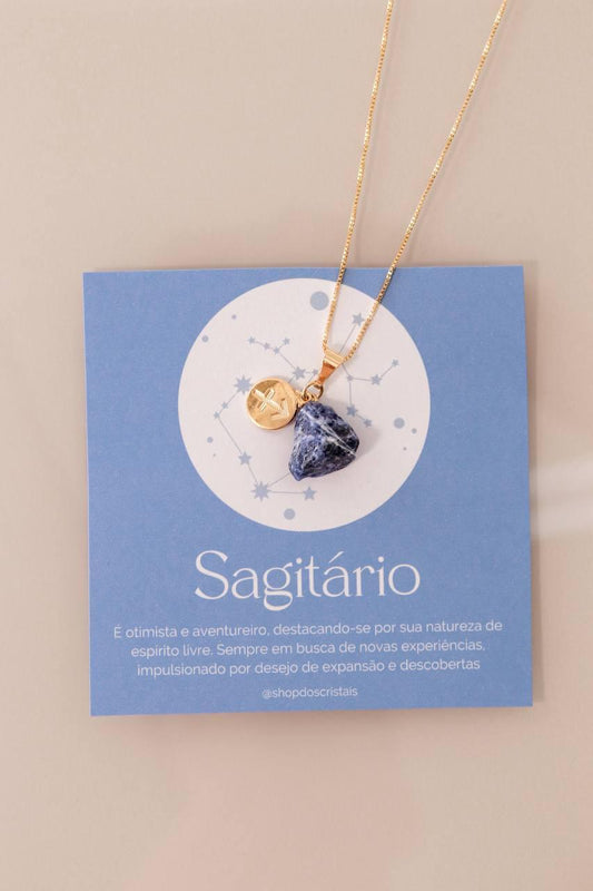 Colar Signo Sagitário - Pedra Sodalita Bruta banhado Ouro