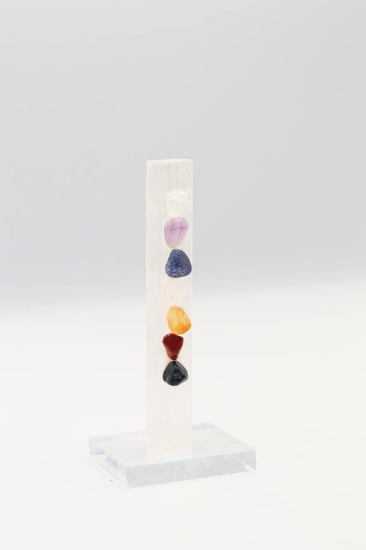 Pedra Selenita Branca 7 Chakras na Base de Acrílico