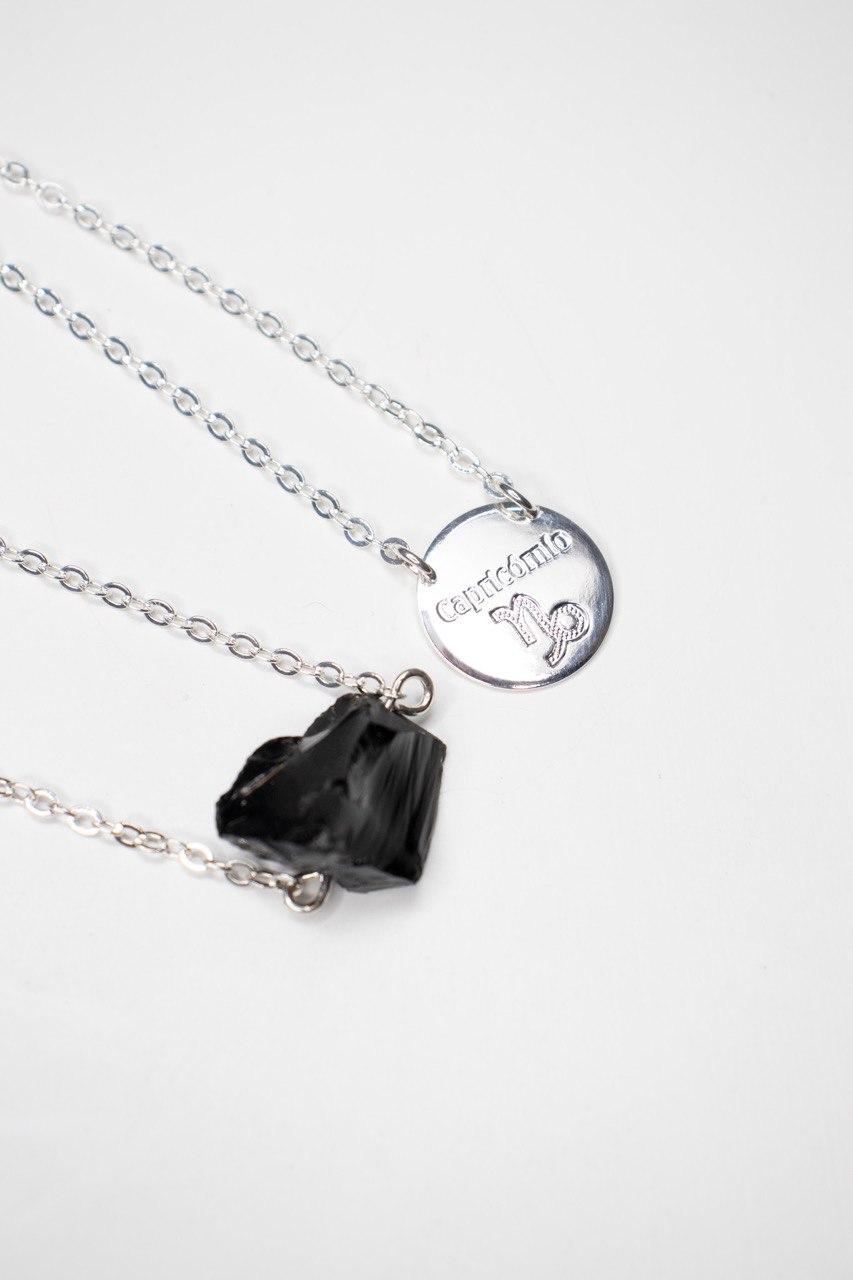 Escapulário Signo Capricórnio - Obsidiana Preta Bruta banhado Prata