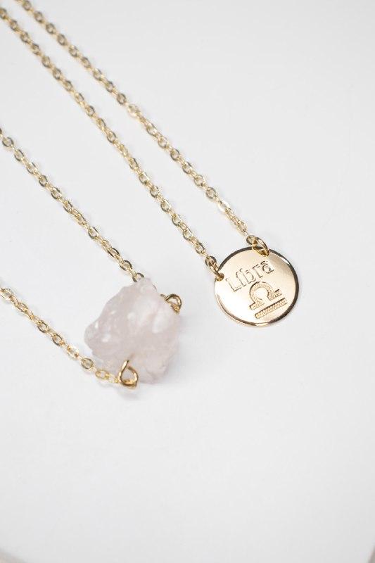 Escapulário Signo Libra - Pedra Quartzo Rosa Bruto banhado Ouro