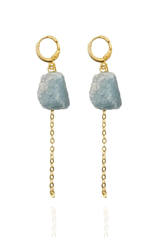Brinco Argola Pedra Natural Água Marinha com Corrente Diamantada Banho Ouro