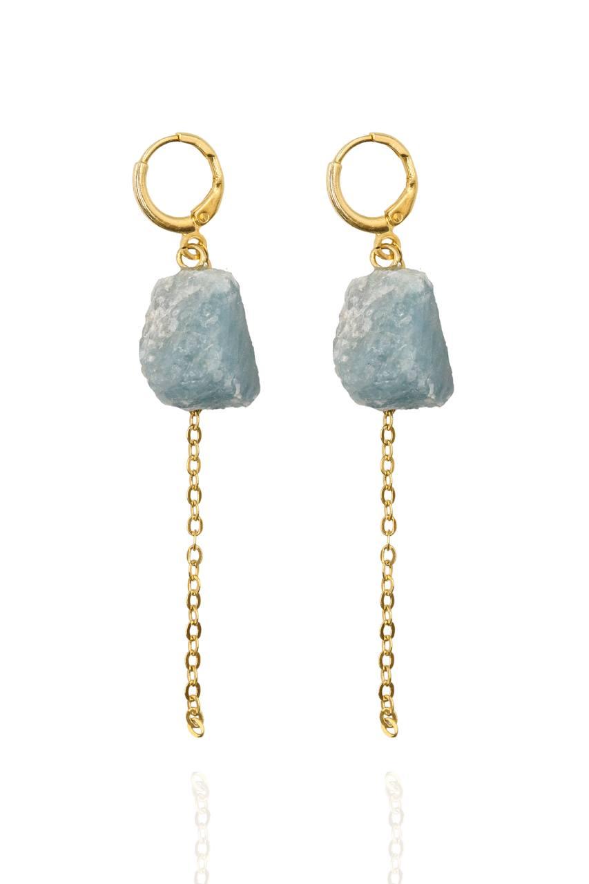 Brinco Argola Pedra Natural Água Marinha com Corrente Diamantada Banho Ouro