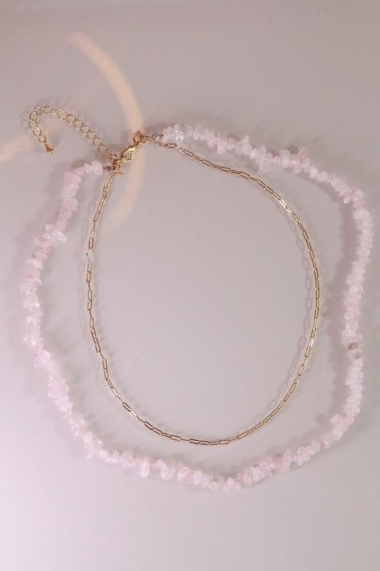 Colar Duplo Quartzo Rosa Elos Banho Ouro