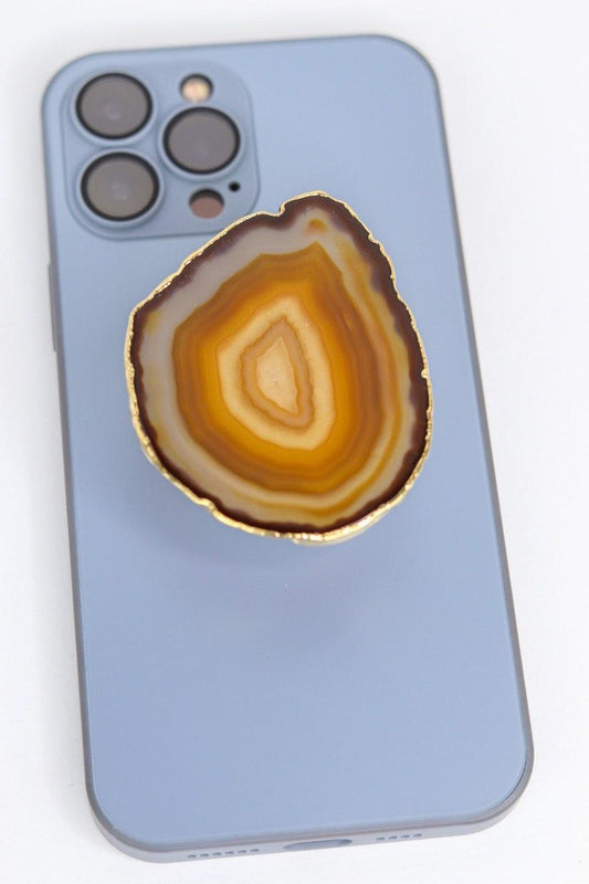 Suporte para celular de Ágata natural banho ouro