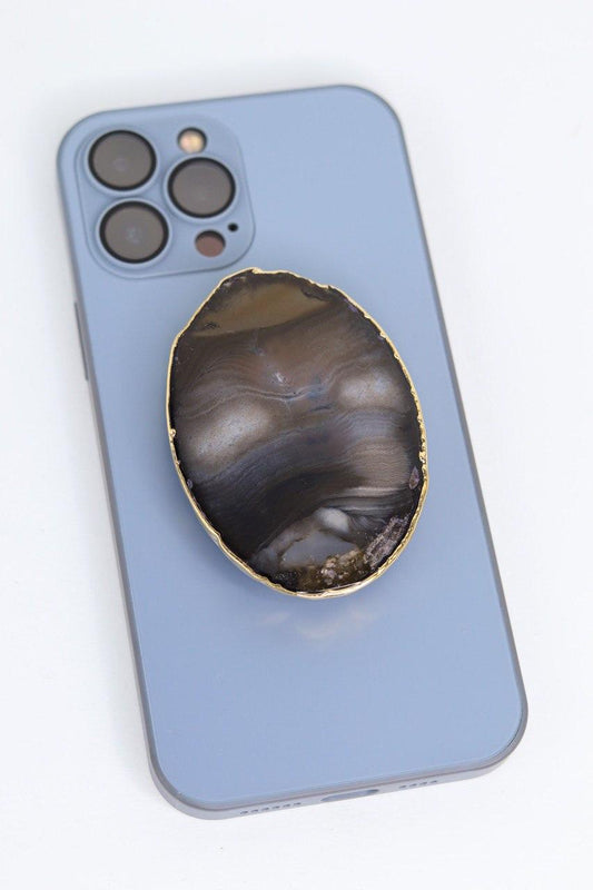 Suporte para celular de Ágata Preta banho ouro