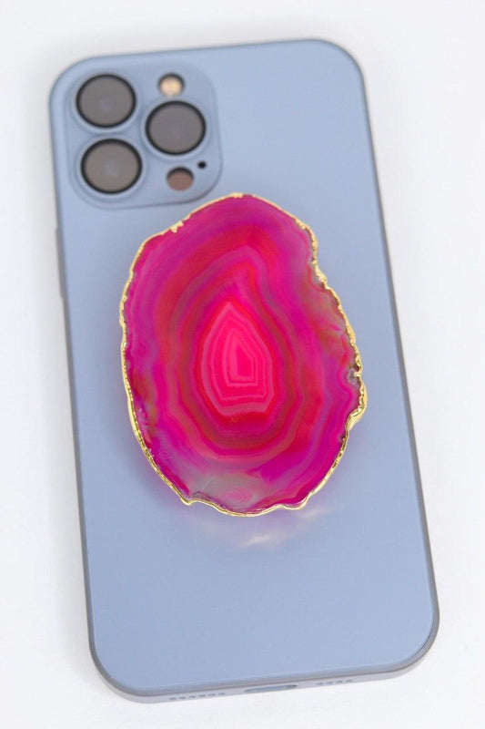 Suporte para celular de Ágata rosa banho ouro