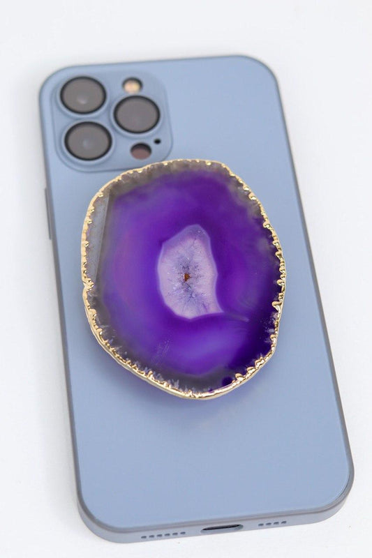Suporte para celular Ágata roxa banho ouro