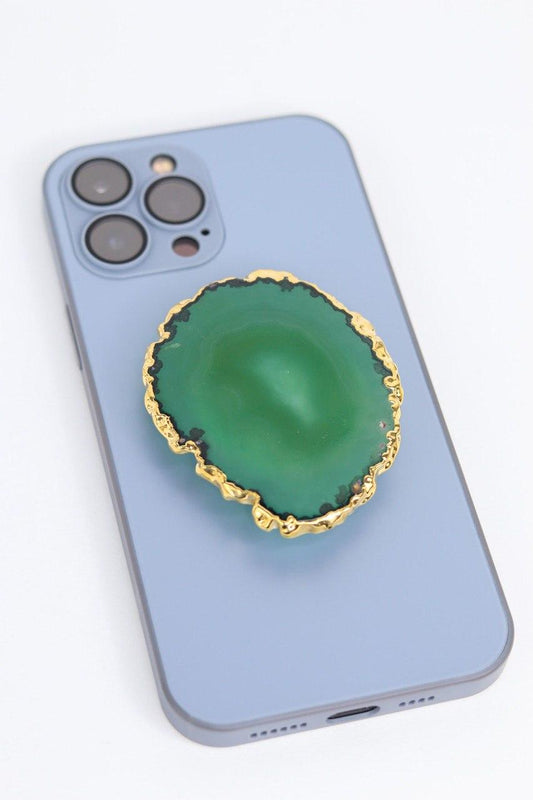 Suporte para celular Ágata verde banho ouro
