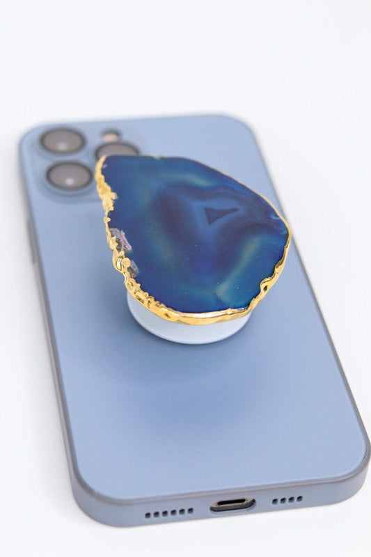 Suporte para celular de Ágata azul banho ouro