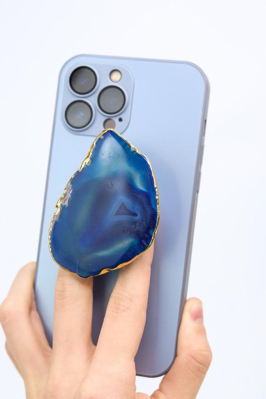 Suporte para celular de Ágata azul banho ouro