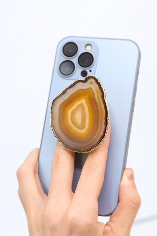 Suporte para celular de Ágata natural banho ouro