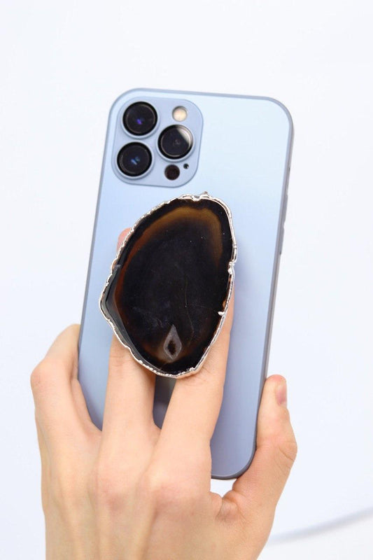 Suporte para celular de  Ágata Preta banho prata