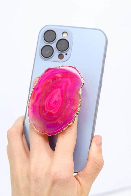 Suporte para celular de Ágata rosa banho ouro