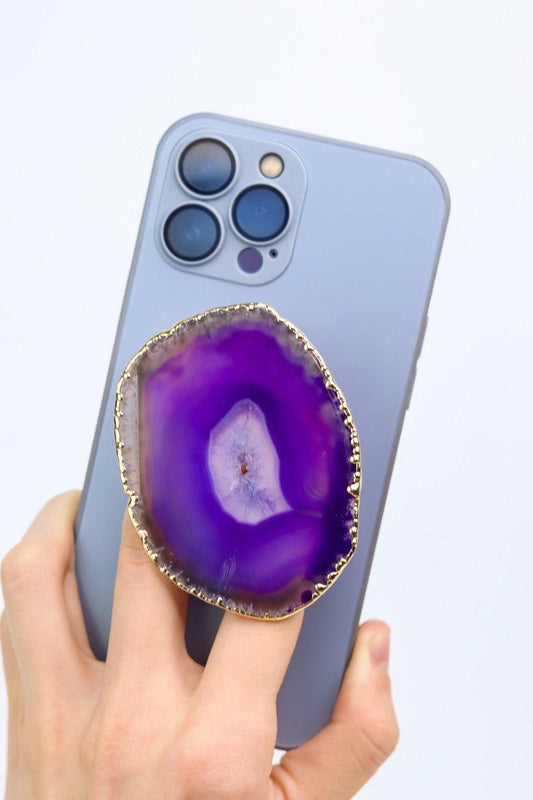 Suporte para celular Ágata roxa banho ouro