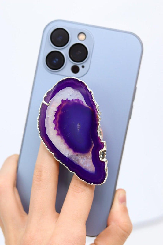 Suporte para celular Ágata roxa banho prata