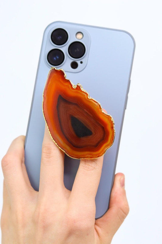 Suporte para Celular Ágata Vermelha tingida banho ouro