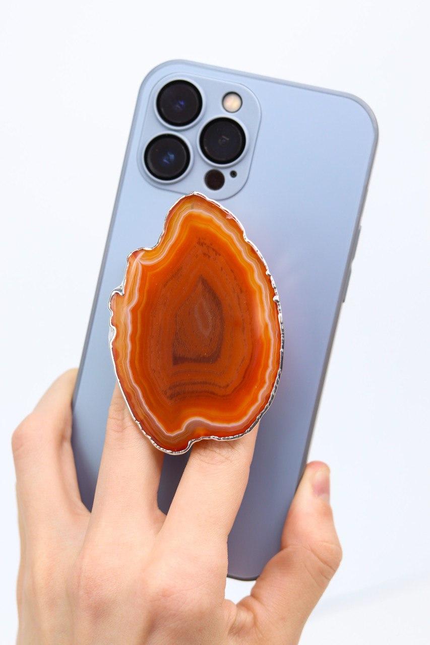 Suporte para celular Ágata Vermelha tingida banho prata