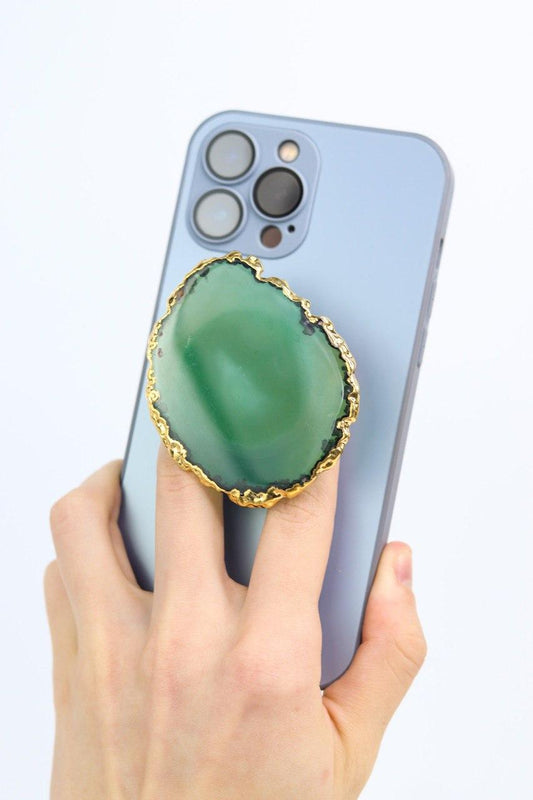 Suporte para celular Ágata verde banho ouro