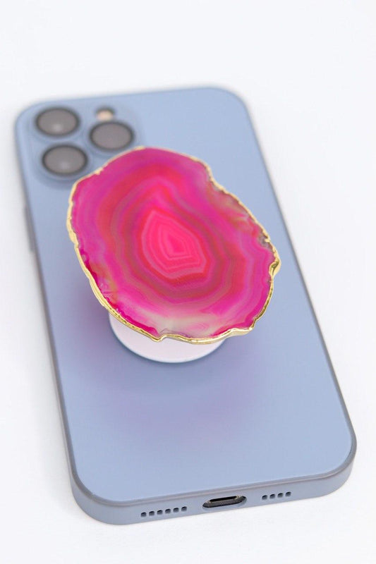 Suporte para celular de Ágata rosa banho ouro