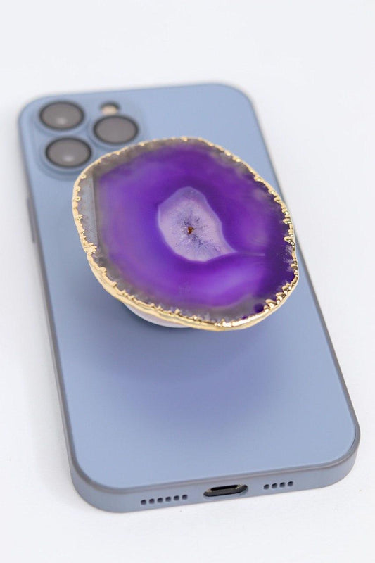 Suporte para celular Ágata roxa banho ouro