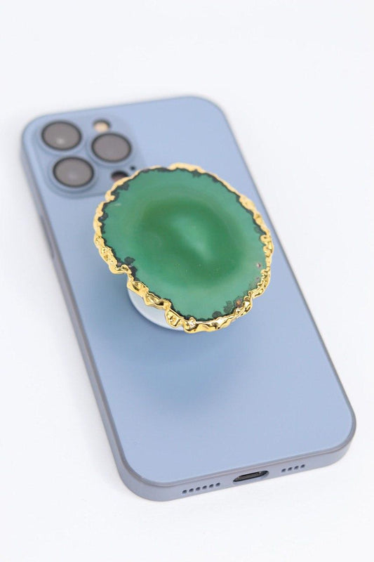 Suporte para celular Ágata verde banho ouro