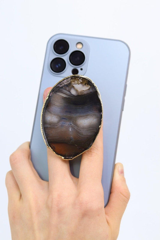 Suporte para celular de Ágata Preta banho ouro