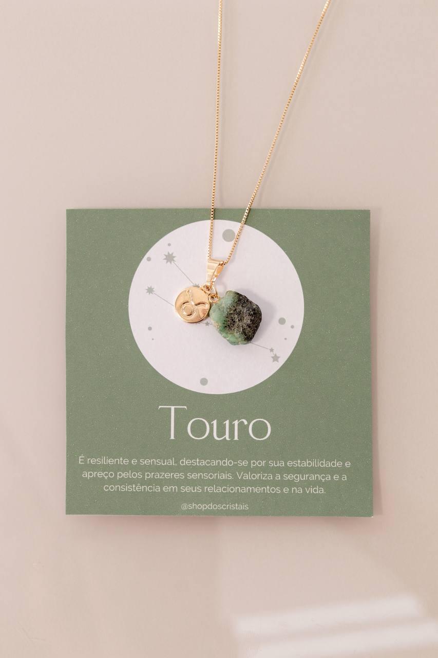 Colar Signo Touro - Pedra Esmeralda Bruta banhado Ouro