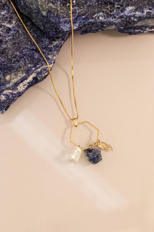 Colar Hexagonal Duo Longo Sodalita e Cristal Banho Ouro