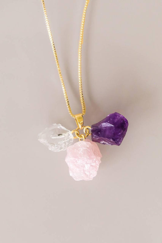 Colar Kit Tríade dos Cristais Banho Ouro (Ametista/Cristal/Quartzo Rosa)