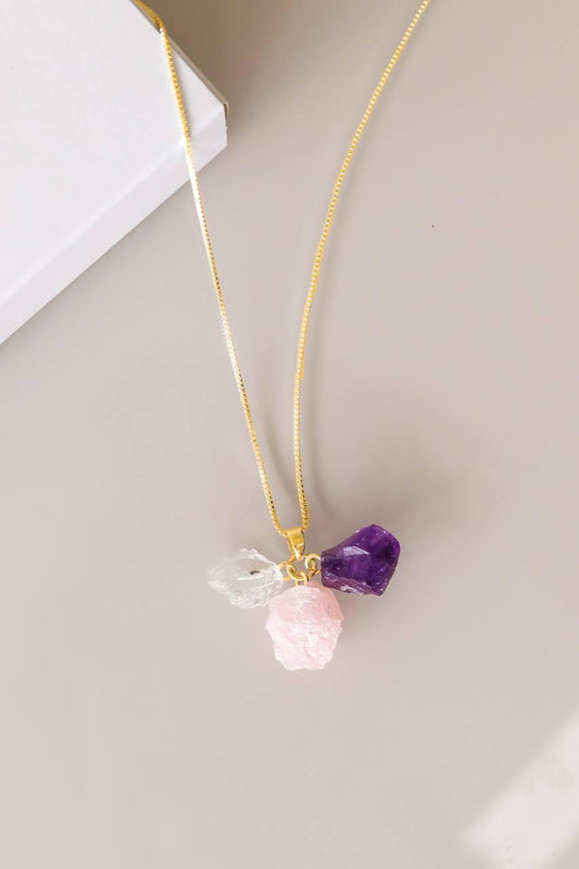 Colar Kit Tríade dos Cristais Banho Ouro (Ametista/Cristal/Quartzo Rosa)