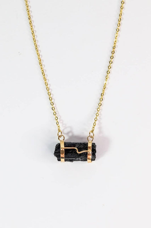 Colar Turmalina Negra Bruto Banho Ouro