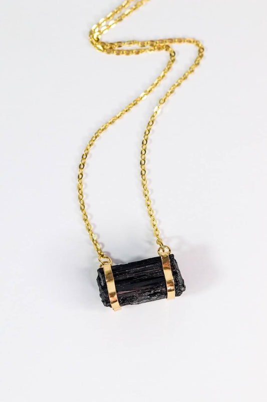 Colar Turmalina Negra Bruto Banho Ouro