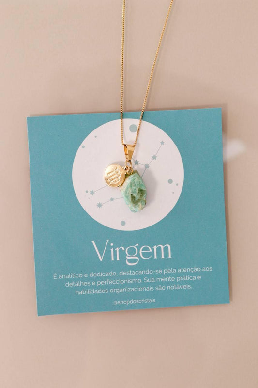 Colar Signo Virgem - Pedra Amazonita Bruta banhado Ouro