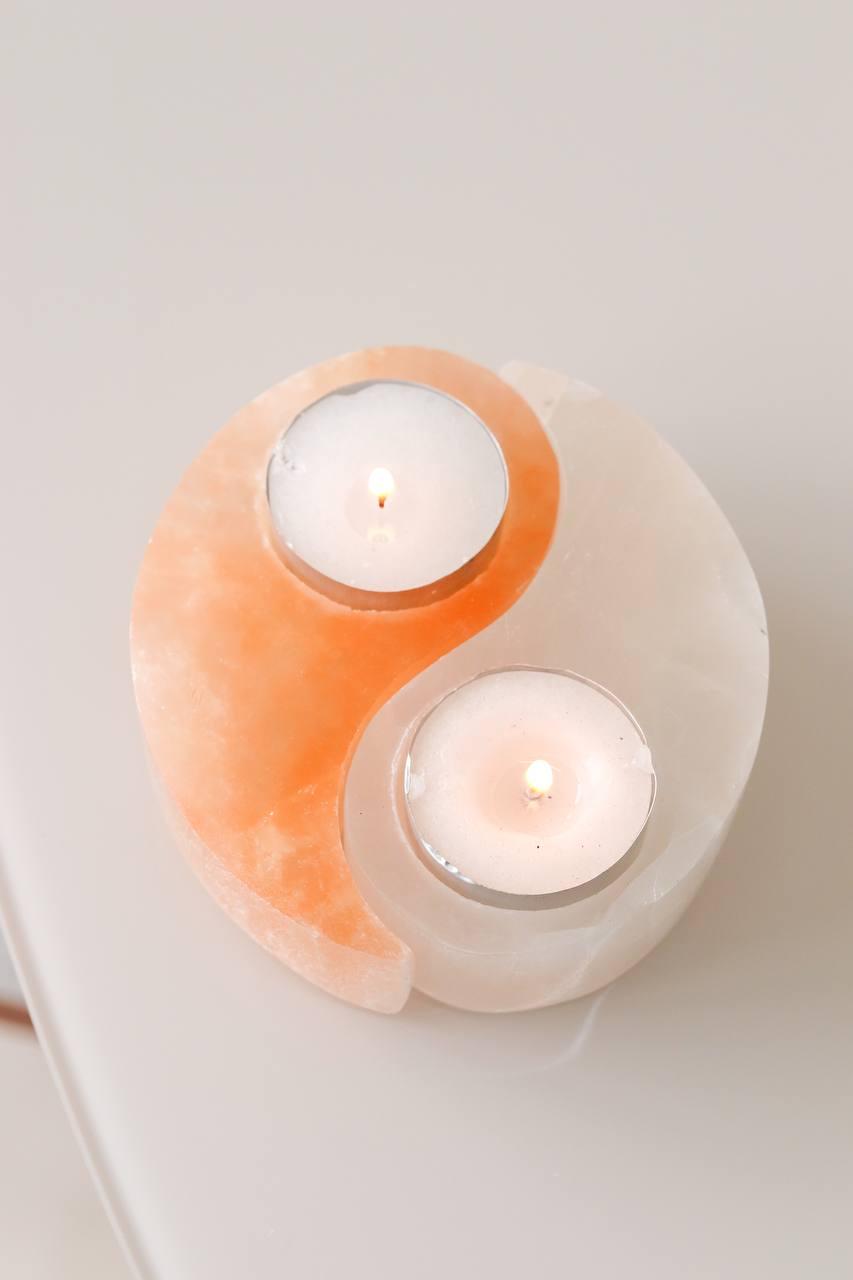 Porta Vela Yin-yang Selenita Laranja e Selenita Branca